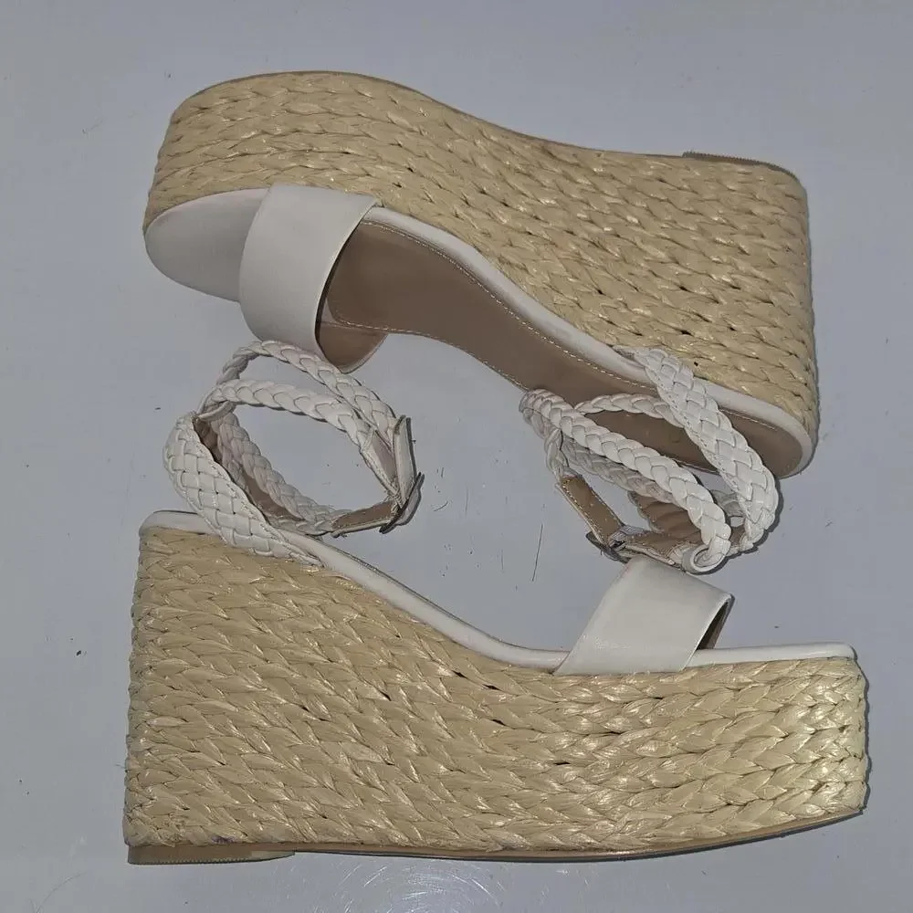 0309 lulus White Platform Ankle Strap Espadrille Wedges Womens‎ size 10